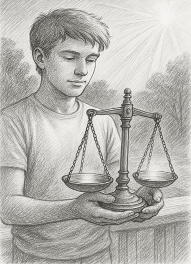 boy holding a balance beam scale to weigh equity not equality